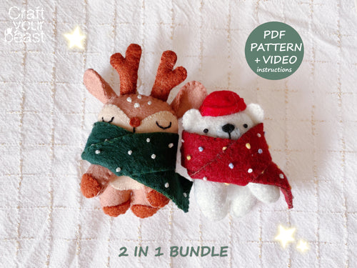 Lot de 2 patrons de couture peluche ours et renne de noël